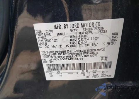 2010 Ford Edge Se from USA, damaged, VIN 2FMDK3GC7ABB33766